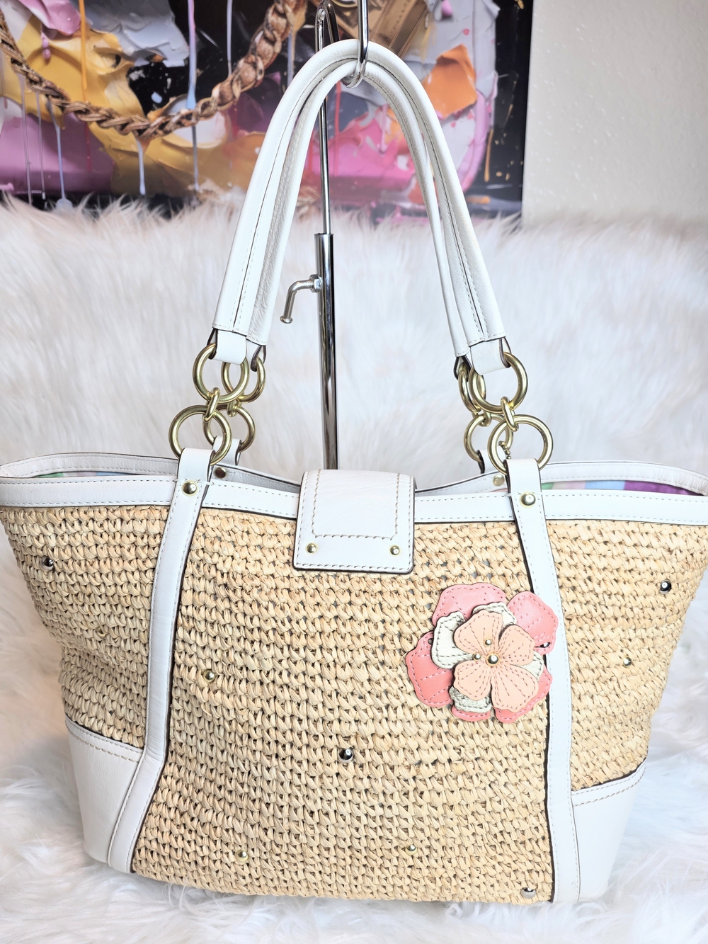 Coach Hamptons LE 2pcs Straw Flower Tote & Wristlet Set Coral Appliqué Floral - Picture 4 of 15